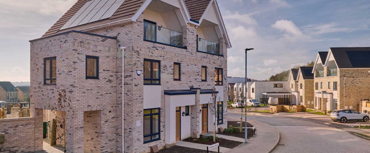 Newly built brick homes on a residential street