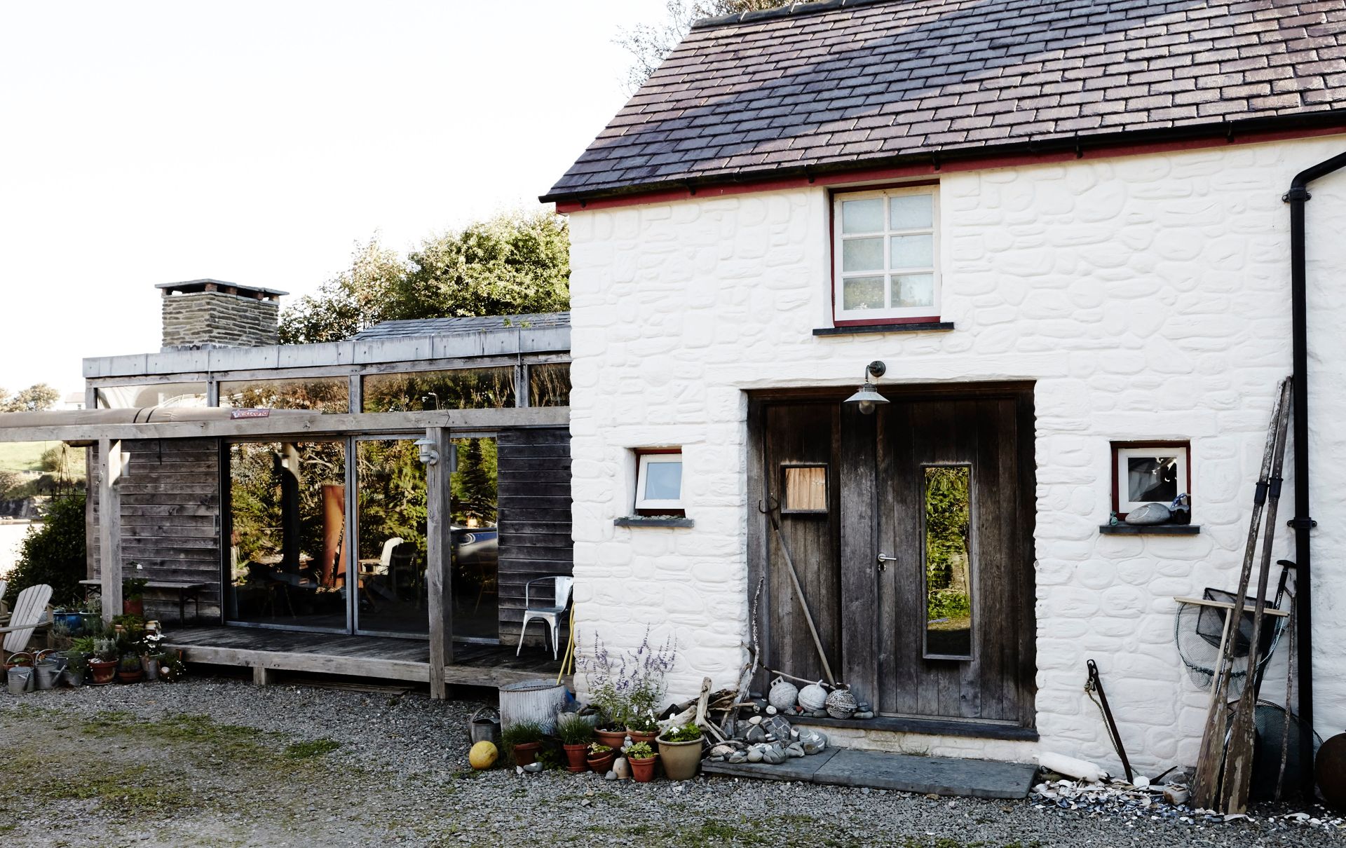 Whitewashed stone cottage exterior
